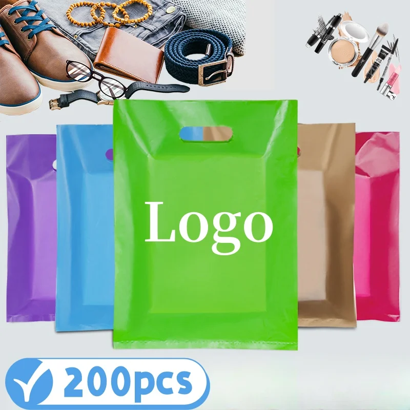 Personalized Plastic Bag Jewelry Packaging, Shopping Bag for Business, Portable Gift Packing Bags, Includes Printing Fee, 200Pcs