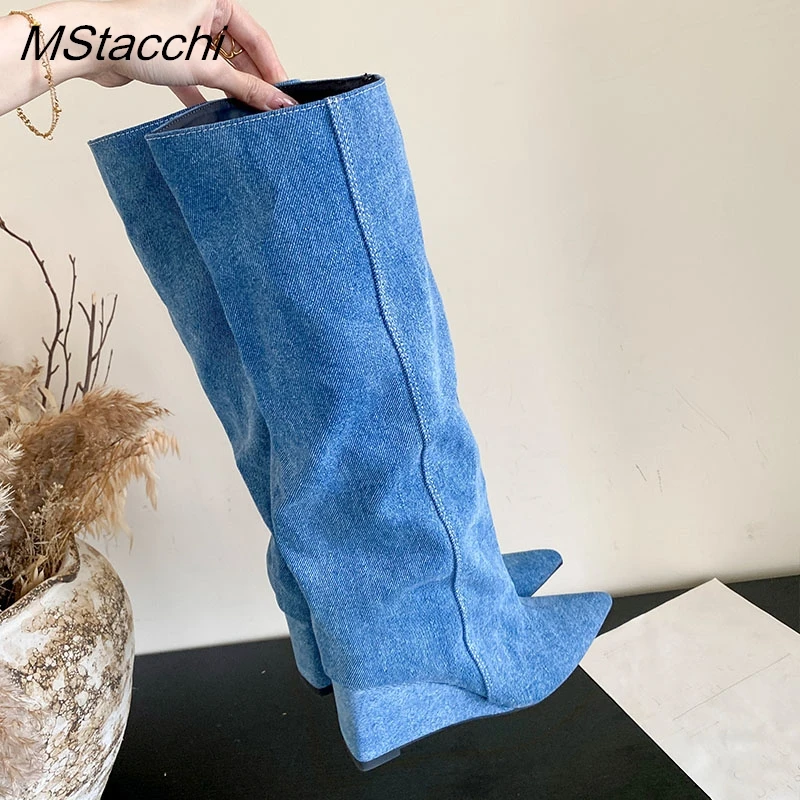 Women Slouchy Denim Knee High Boots Pointed Toe Wedge Heel Tall Boots Fashion Ruched Wide Shaft Vintage Cowboy Style Boots 2027