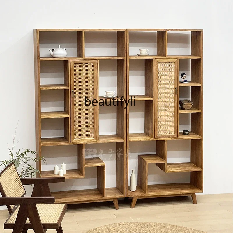 Wabi Sand Wind Bogu Frame Homestay Old Elm Bookshelf Shelf Living Room Partition Mat Wooden Lattice Shelf