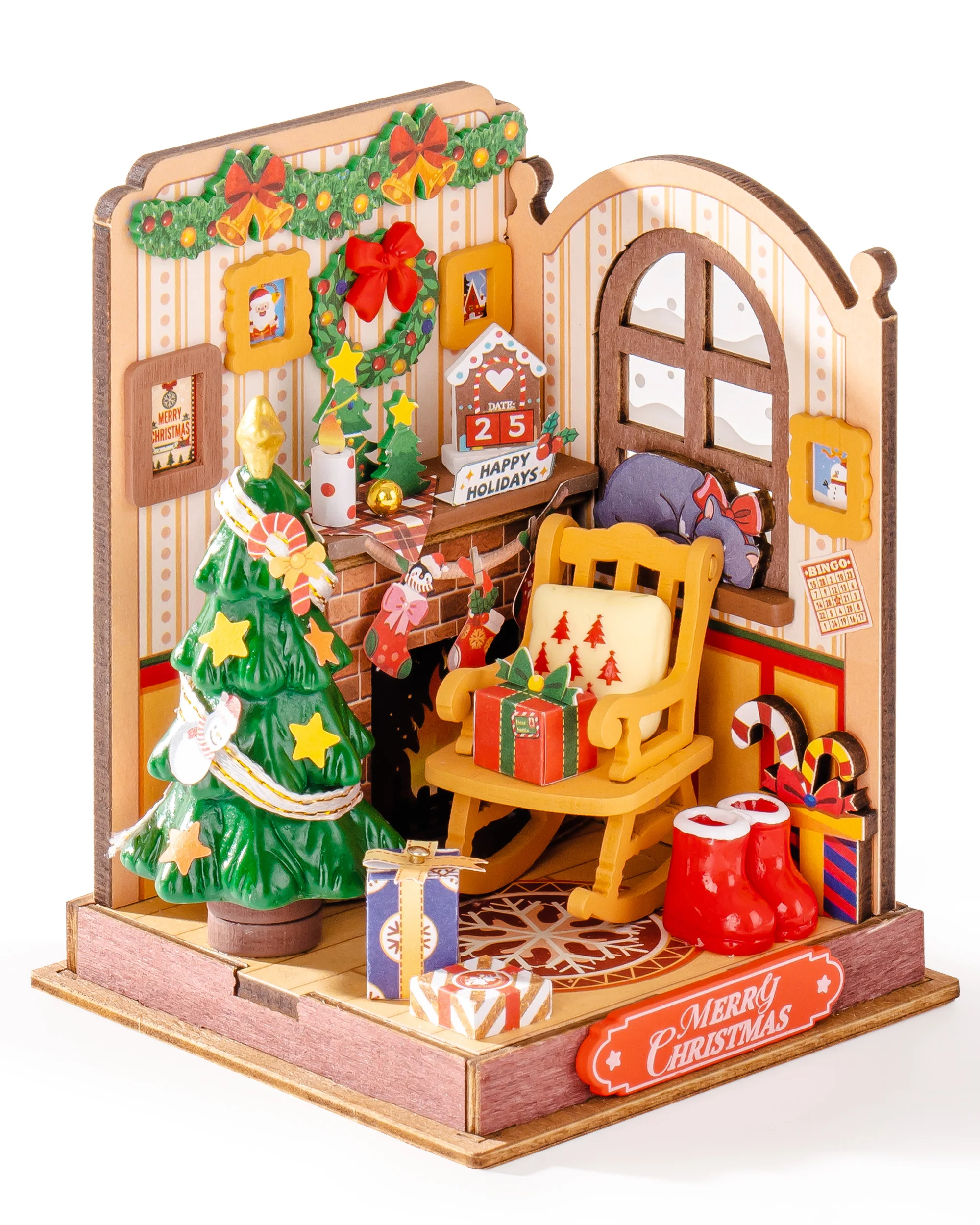 Robotime Rolife Miniature House Christmas Gifts Fireplace Decoration for Home Bookshelf Dollhouse 3D DIY Wooden Puzzle Model