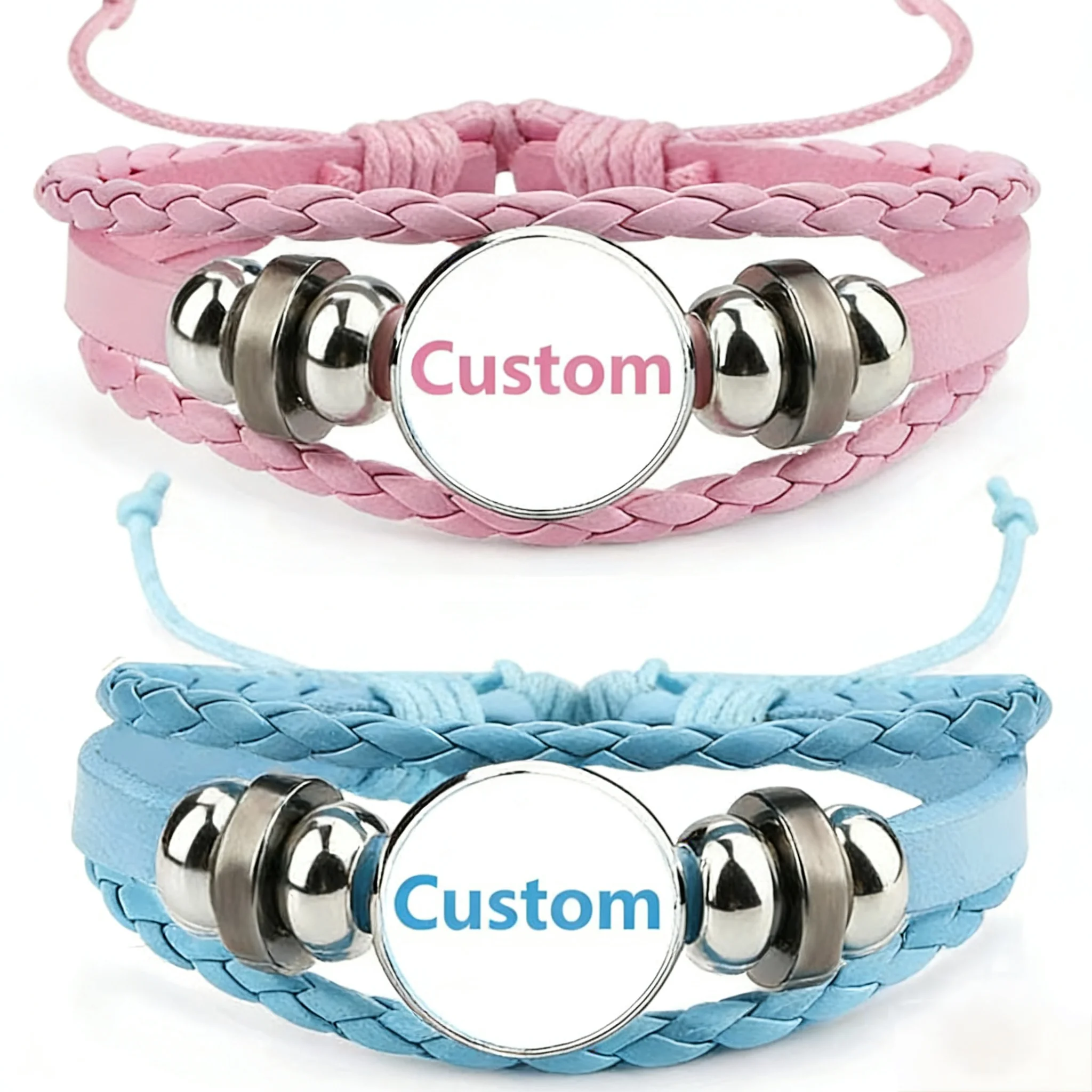 Custom Logo Leather Bracelet Personalized Photo Charm Black Pink Blue Anime Figure Bangles Cosplay for Kids Men Gift