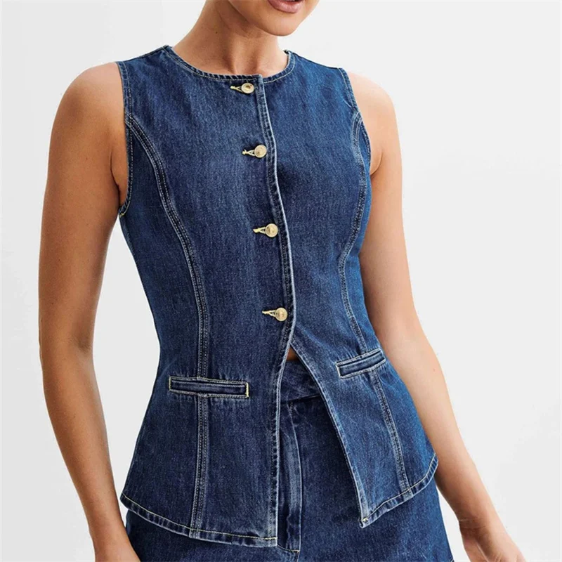 Summer Women\'S Button Front Denim Vest Tops Sleeveless O-Neck Single Breasted Split Top Waistcoat Y2k Vintage Tank Tops