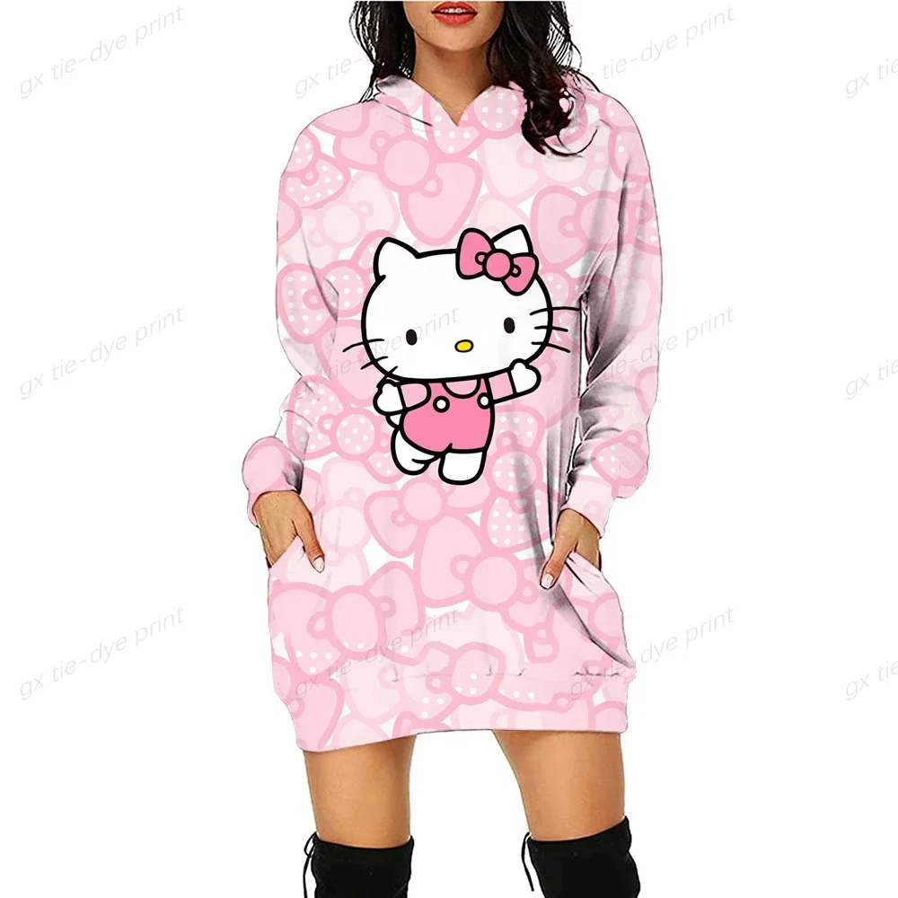 Japan Anime Hoodies Dresses Women Sweatshirts Hello Kitty Print Autumn Long Pocket Print Sweatshirts Tops Casual Ladies Pullover