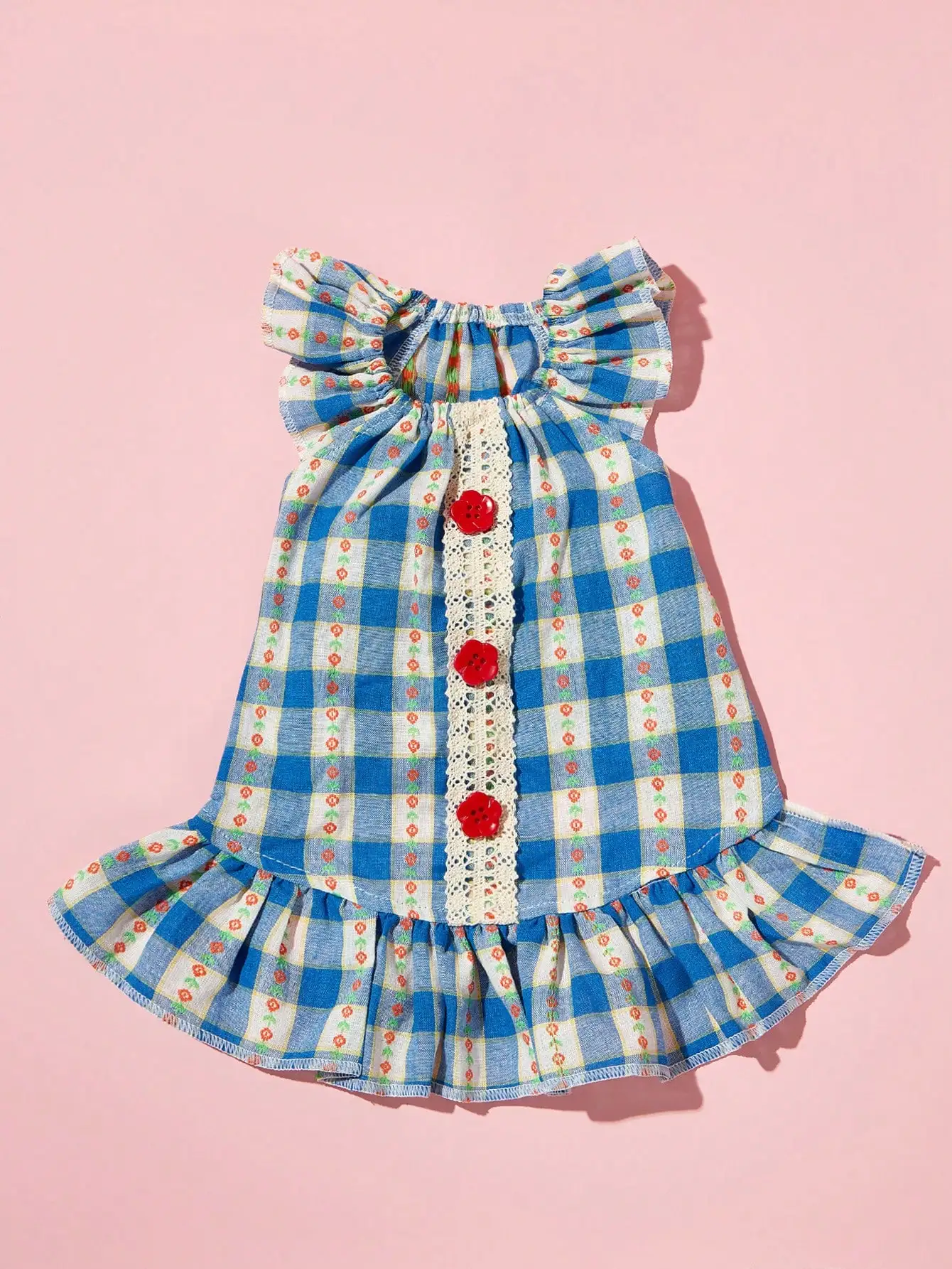 

1pc Rustic Style Blue Plaid Lace Trim Cap Sleeve Cute Pet Dog Dress