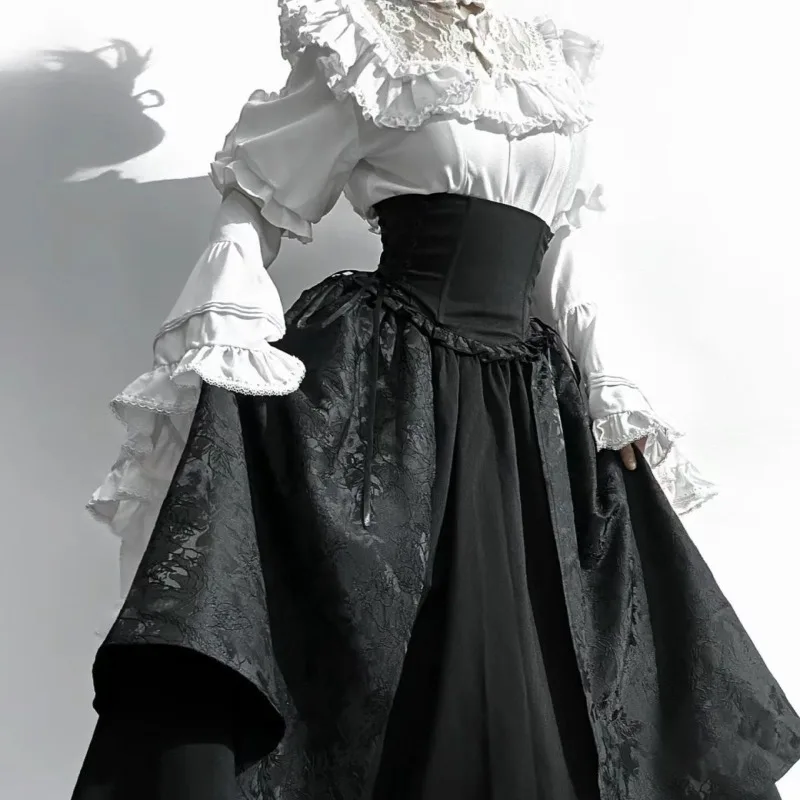 Lolita Gothic Dark Academia Clothes Elegant Y2k Vintage White Long Sleeve Blouses 2025 New Ruffles Slim Fit Shirt Women Skirts