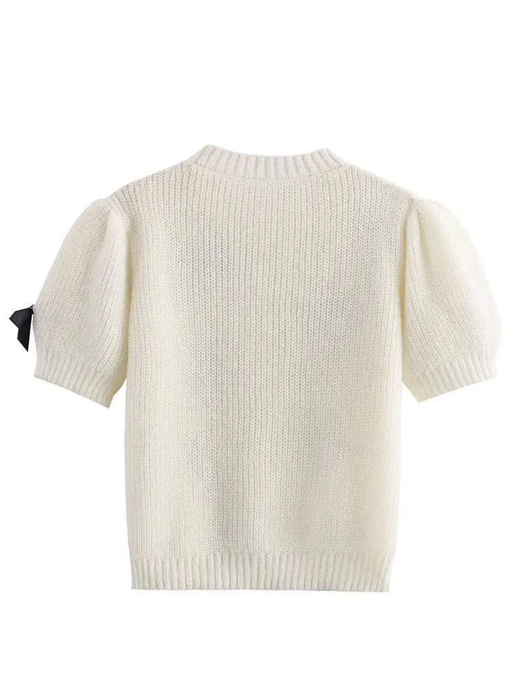 Letni sweter damski z kokardą, krótki rękaw, retro okrągły dekolt, dopasowany krój, styl streetwear, krótki dzianinowy top.