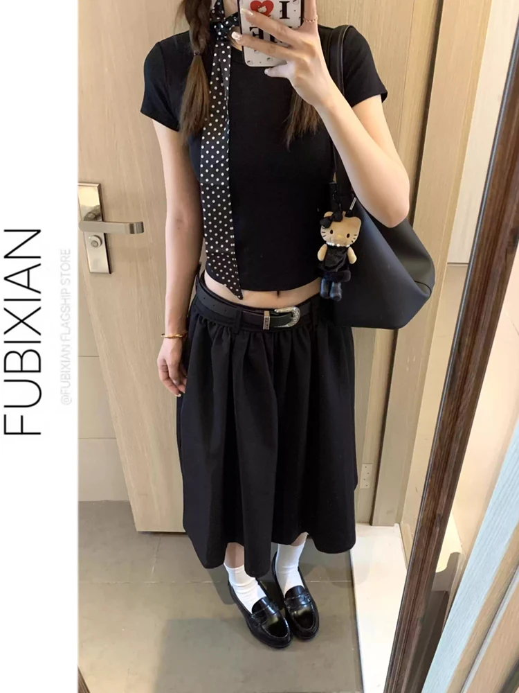 Black A-Line  Skirt Women's Original Design Pleated Versatile Fluffy Skirt Low Waist Polyester Fiber Spring 2026 New Arrival