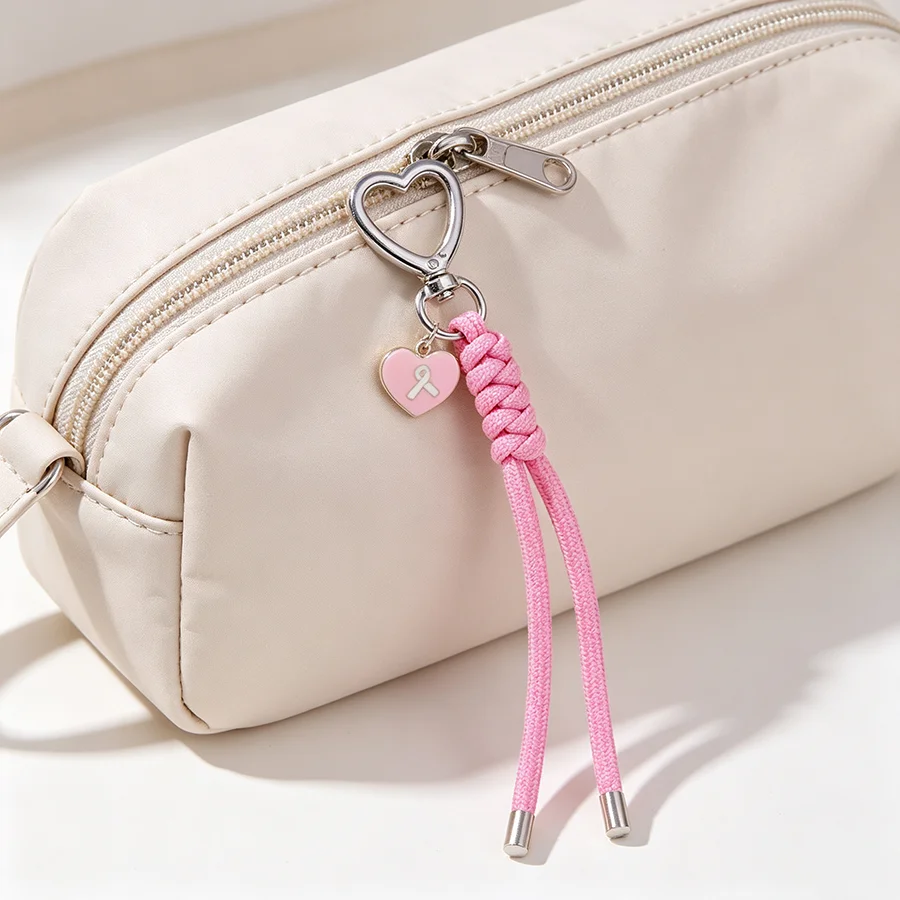 Unique Pink Ribbon Heart Keychain Women Breast Cancer Awareness Handmade Weaven Rope Bag Key Hanging Trinket Gift For Girls