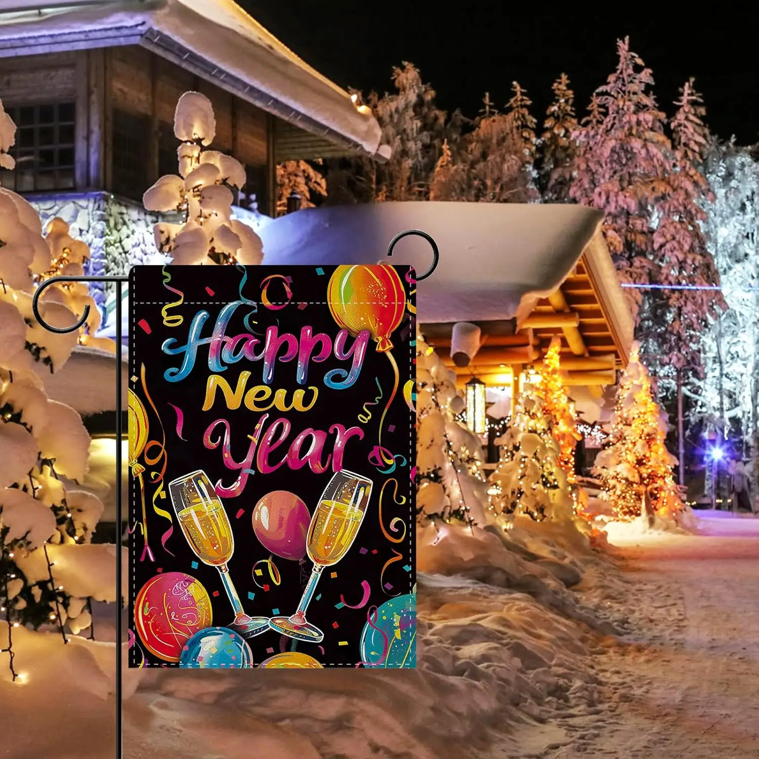 Dyrenson Happy New Year 2026 Decorative Garden Flag, Colorful Champagne Balloon Yard Outside Home Decoration, Christmas Wint IIC