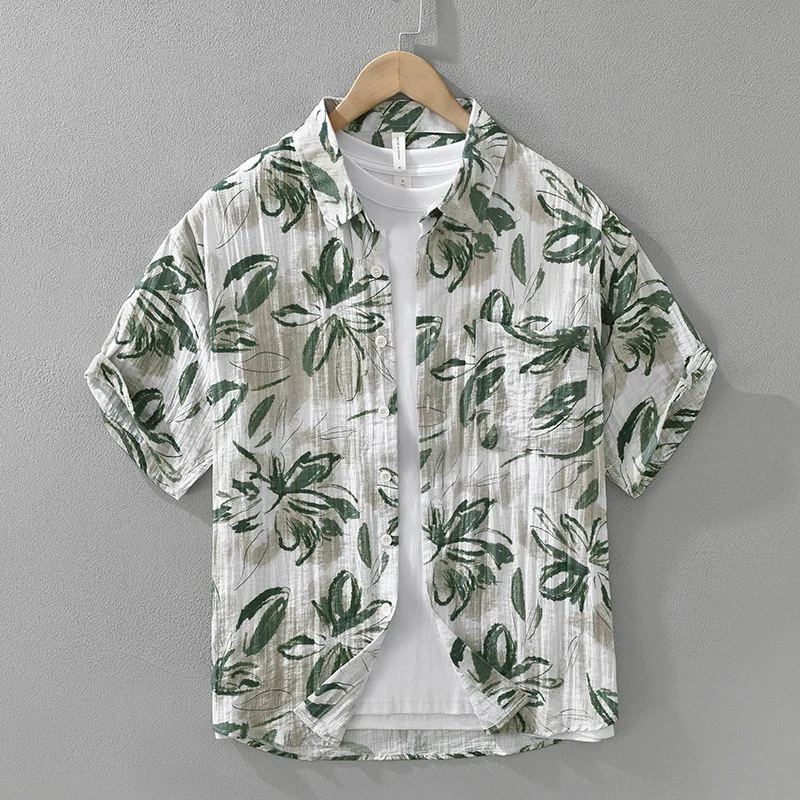 Quality Print Cotton Linen Short Sleeve Shirts Men Casual Loose Fit Fashion Summer Top Hawaiian Shirt TS-911 Mocassins Homme Été