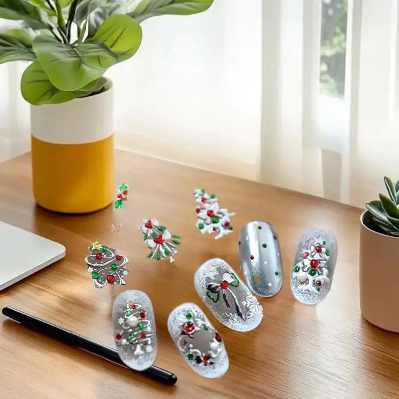 Endearing عيد الميلاد ضوء البولكا نقطة شجرة مسمار الفن طباعة القوس ملصقات الأظافر الملونة تنقش مسمار ديكور.