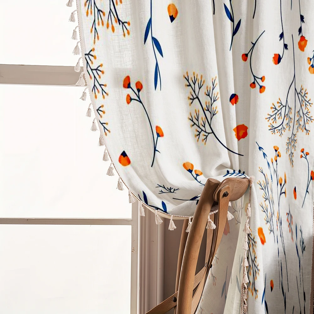1PC Floral Tassel Sheer Curtains, Orange Red Flower Blue Leaf Pattern, Digital Print, Linen Polyester, Farmhouse Decor