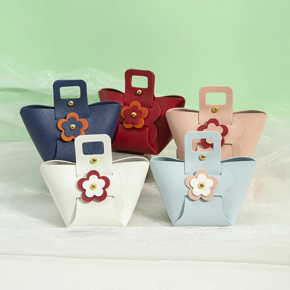 Flower PU Leather Jewelry Organizer Bag Ring Earrings For Women Guest Bridesmaid Pouch Cute Wedding Gift Chocolate Candy Handbag