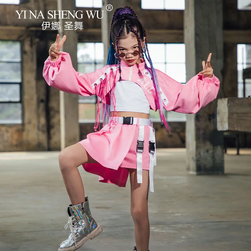 Kid Girl Jazz Dance Costume Children Street Hip Hop Dance Jazz Kpop Dance Costume for Girls Pink Outfit Streetwear Clothes Sets