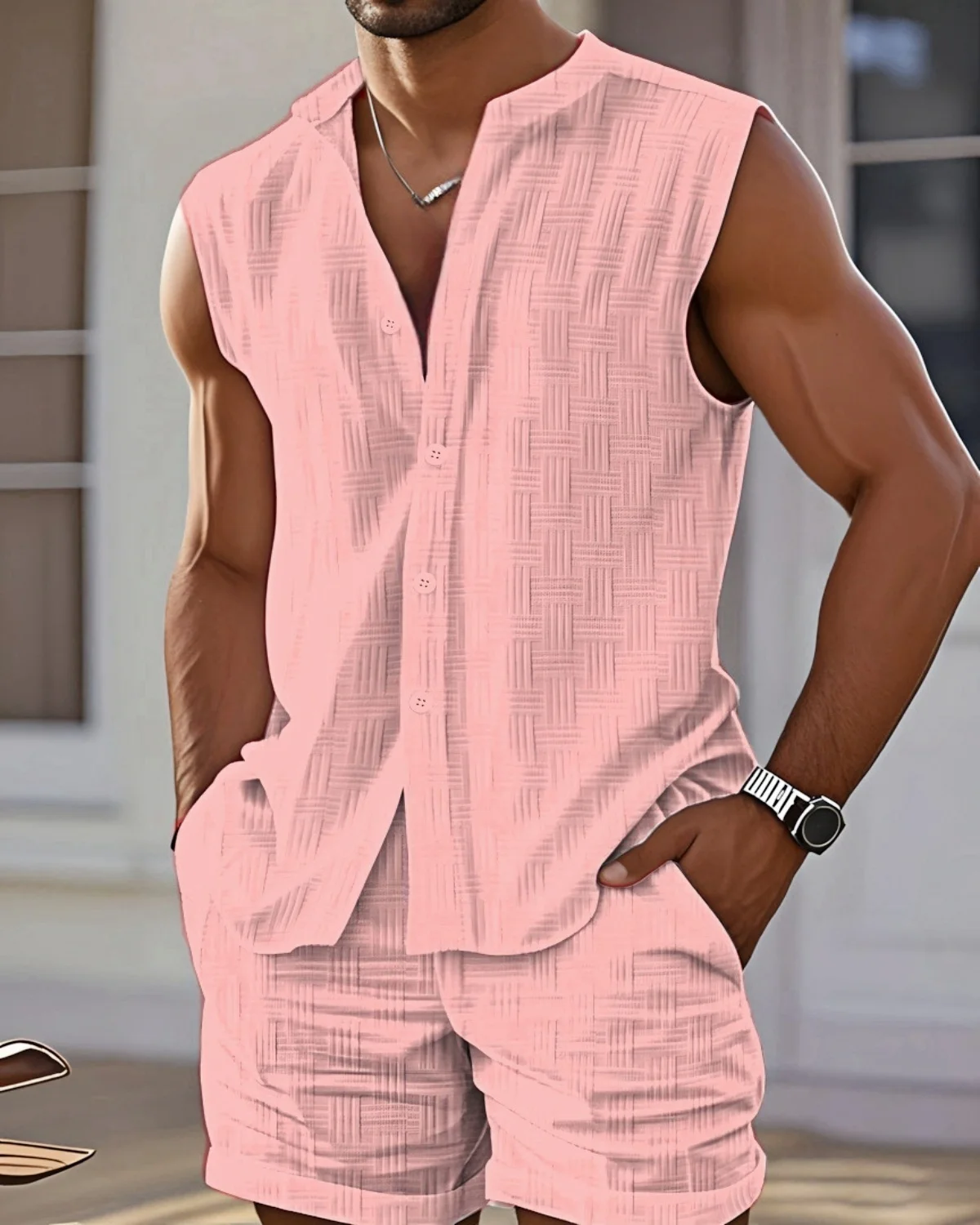 Men's Summer Casual Beach Stand-Up Collar Set Jacquard Solid-Color Sleeveless Shirt And Shorts Fashionable Comfortable Two-Piece
