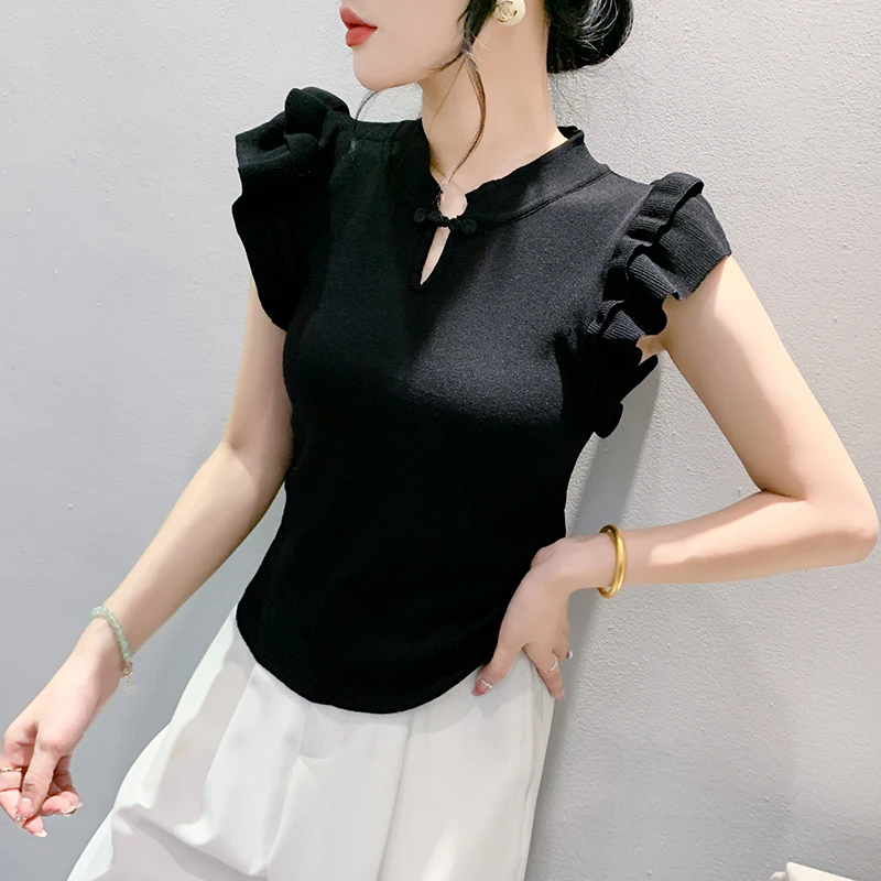 MadBlack Chinese Clothes T-Shirt Women Stand Collar Frog Buckle Slim Knit Tops Short Puff Sleeve Elastic Tees Summer T443115JC