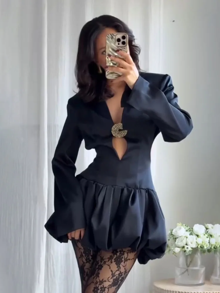 HH Women's Fashion Backless Dresses Solid V-Neck Long Sleeves Hollow Out Decorate Zipper Female Summer Sexy Slim Mini Dress