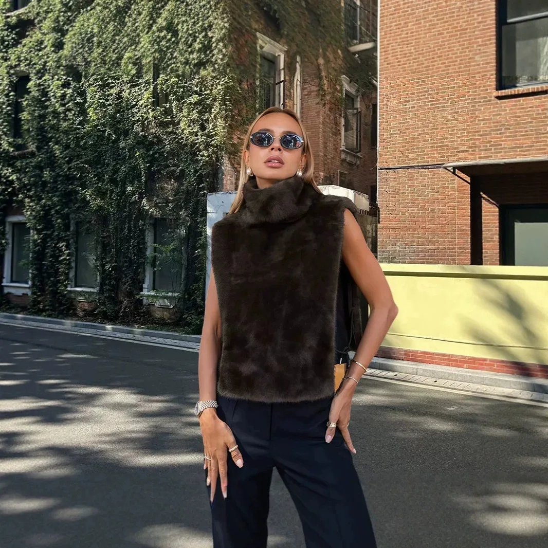 2026 Eco Mink Fur High Collar Crop Tank Top, Fluffy Thick Sable Plush Vest Women Layering Outfit