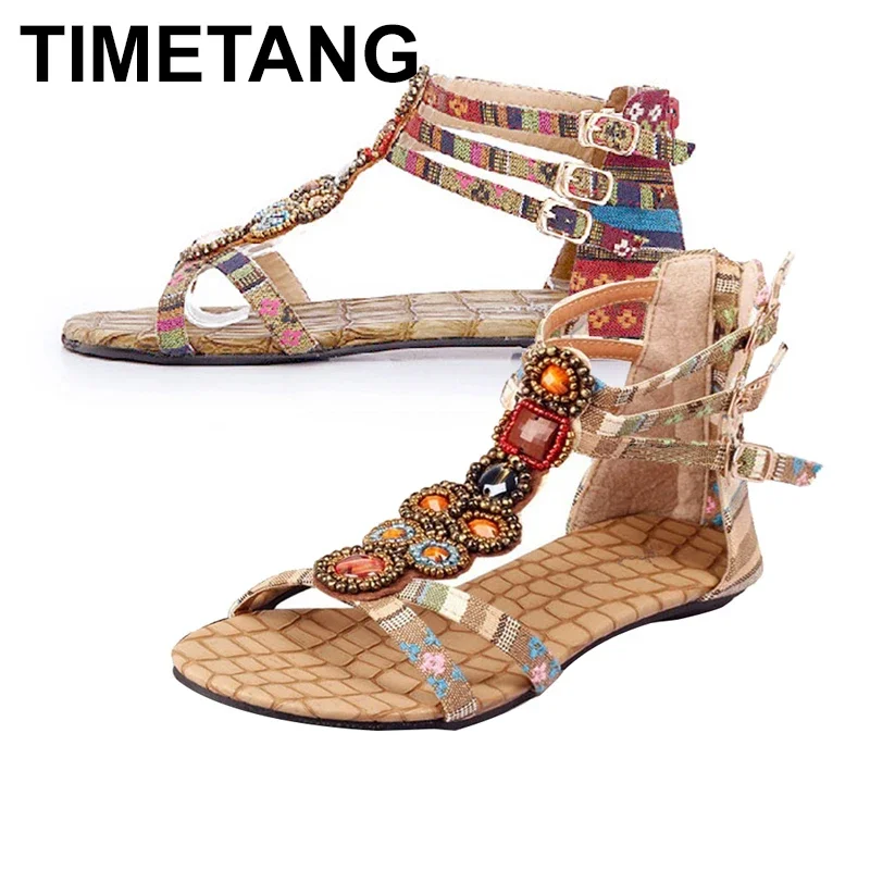 TIMETANG New Arrivals Hot New Women Summer Bohemian Style Zipper Flats Shoes Beading Casual Open Toe SandalsE461