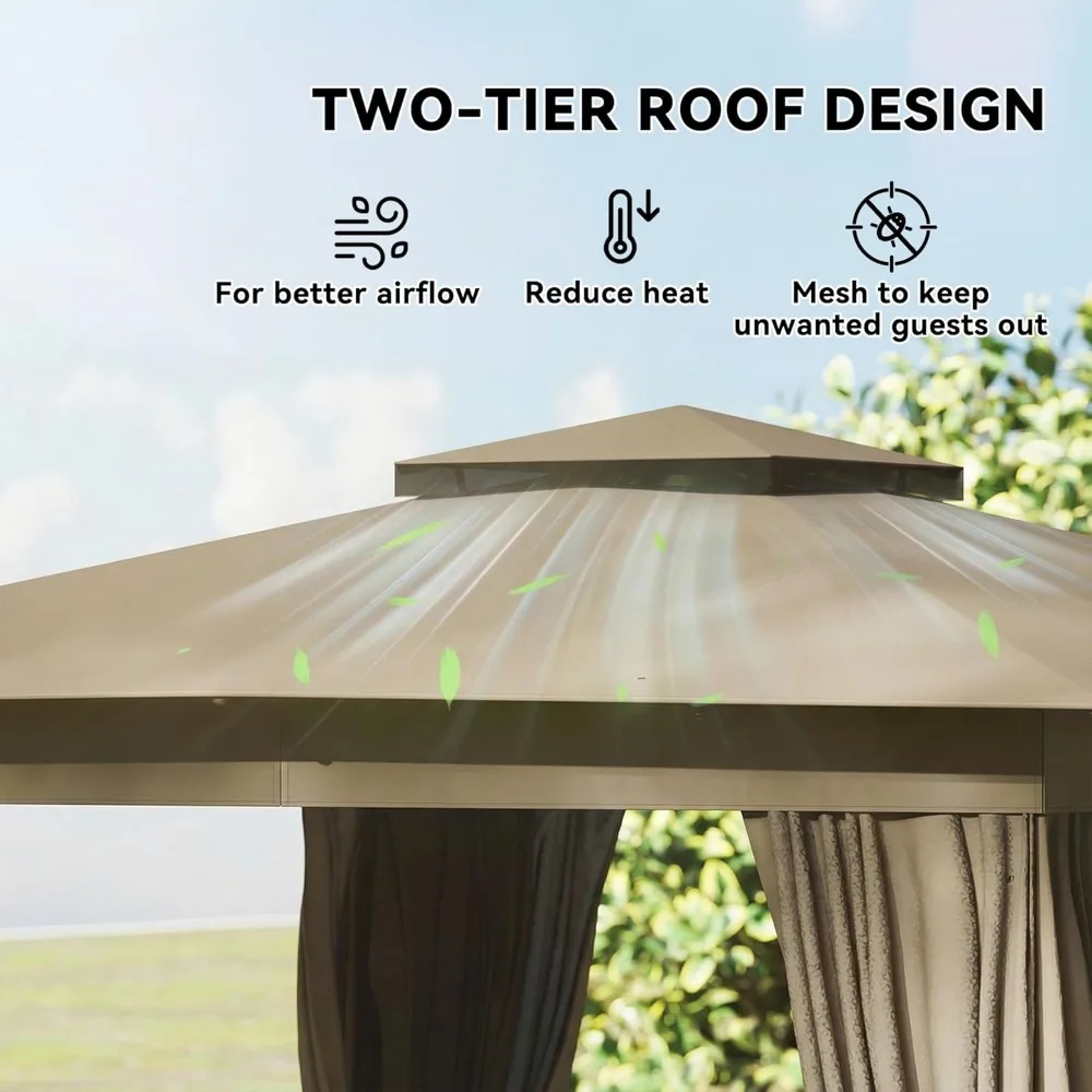 

10' X 12' Outdoor Patio Gazebo Heavy Duty Double Roof Canopy Shelter with Curtains And Netting Customizable Steel Frame