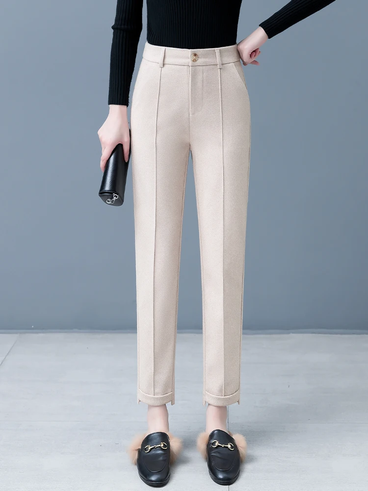 

Женские повседневные брюки-харланы с высокой талией из утолщенной шерсти, прямые, укороченные, зауженные, фасон «сигареты»