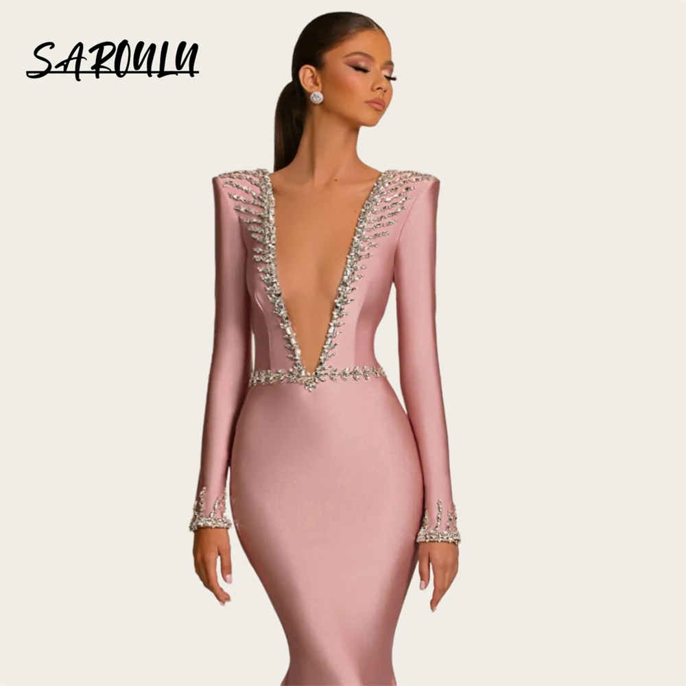 Dusty Rose Deep V Neck Satin Prom Dress Full Sleeves Crystals Mermaid Court Train Formal Occasion Evening Dresses Party Gown