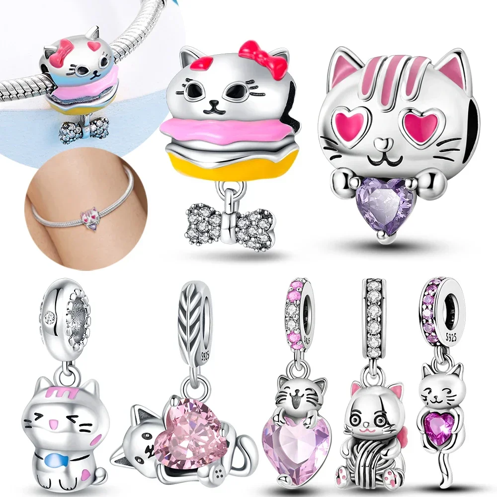 Charms 925 Sterling Silver Cute Animal Pet Series Cat Burger Love Fit Oryginalna bransoletka Pandora dla kobiet do tworzenia biżuterii Prezenty