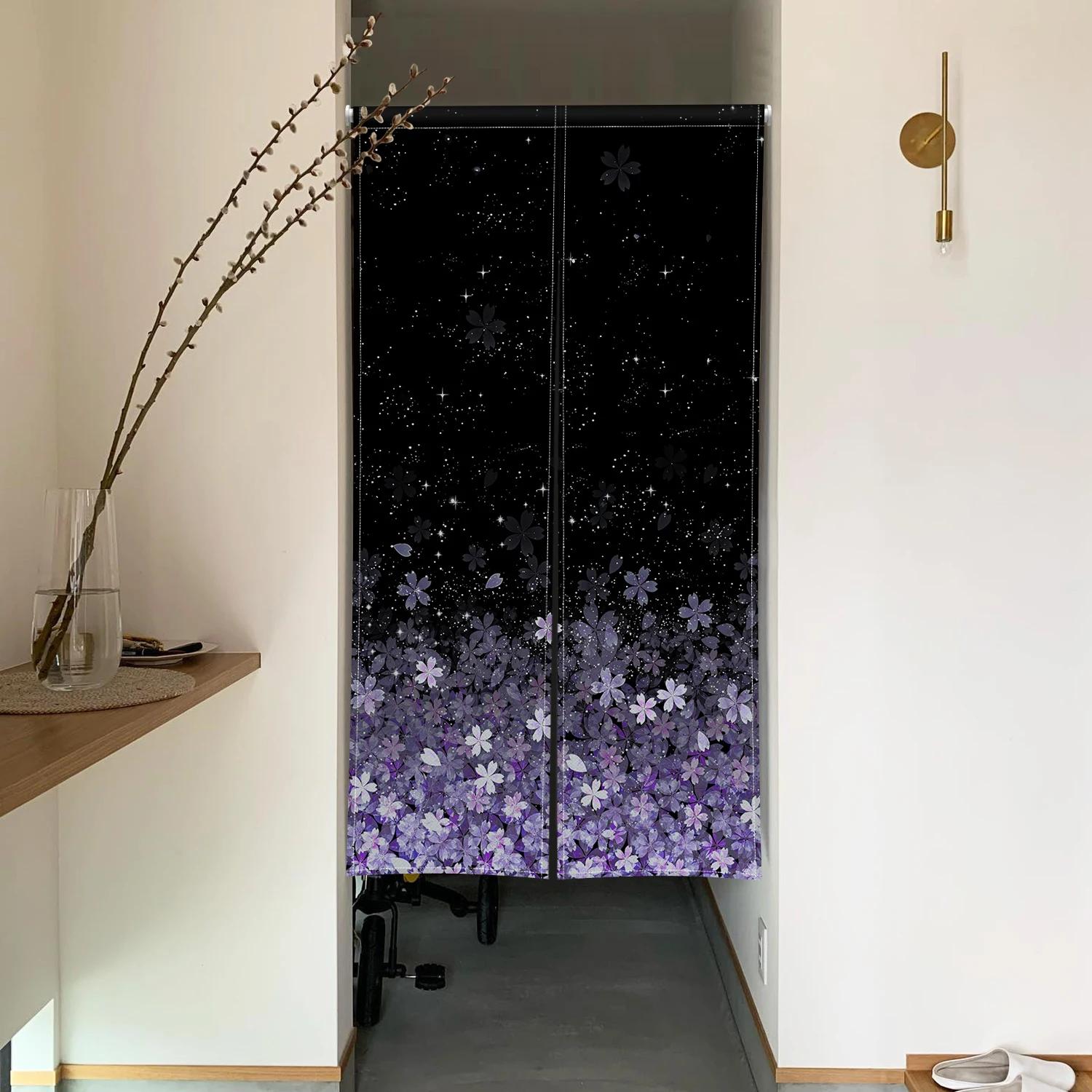 Gradient Noren Door Curtains Starry Night Cherry Blossom Multi Tone Linen Doorway Curtains Home Decor Room Divider Half Curtains