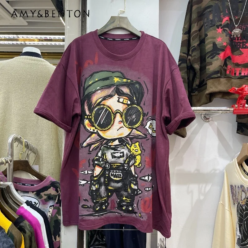 

2025 Autumn New European Style Loose Fit Heavy Industry-neck Short Sleeves T-shirt Top Pullover Kawaii Clothes Y2k Tshirts Women