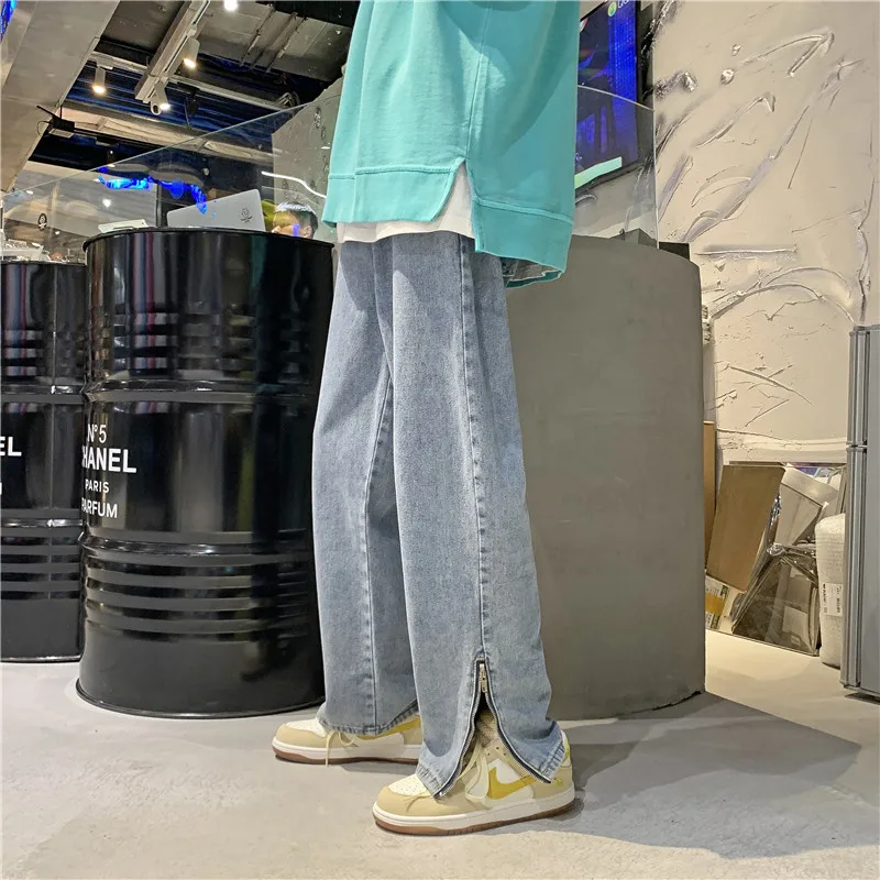 

Мужские джинсы прямого кроя с разрезом на молнии, осенне-зимние, новые, свободные, повседневные, в стиле High Street, длинные брюки, модные брендовые молодежные джинсы