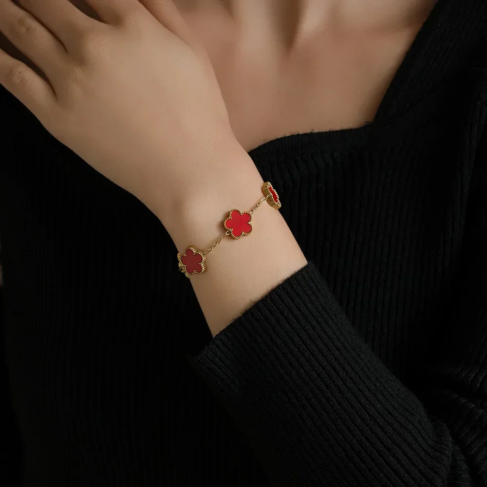 قابل للتعديل الفولاذ المقاوم للصدأ سوار مزدوج الوجهين أساور خمس أوراق بتلات زهرة مطلية بالذهب البرسيم النساء الأزياء والمجوهرات #2