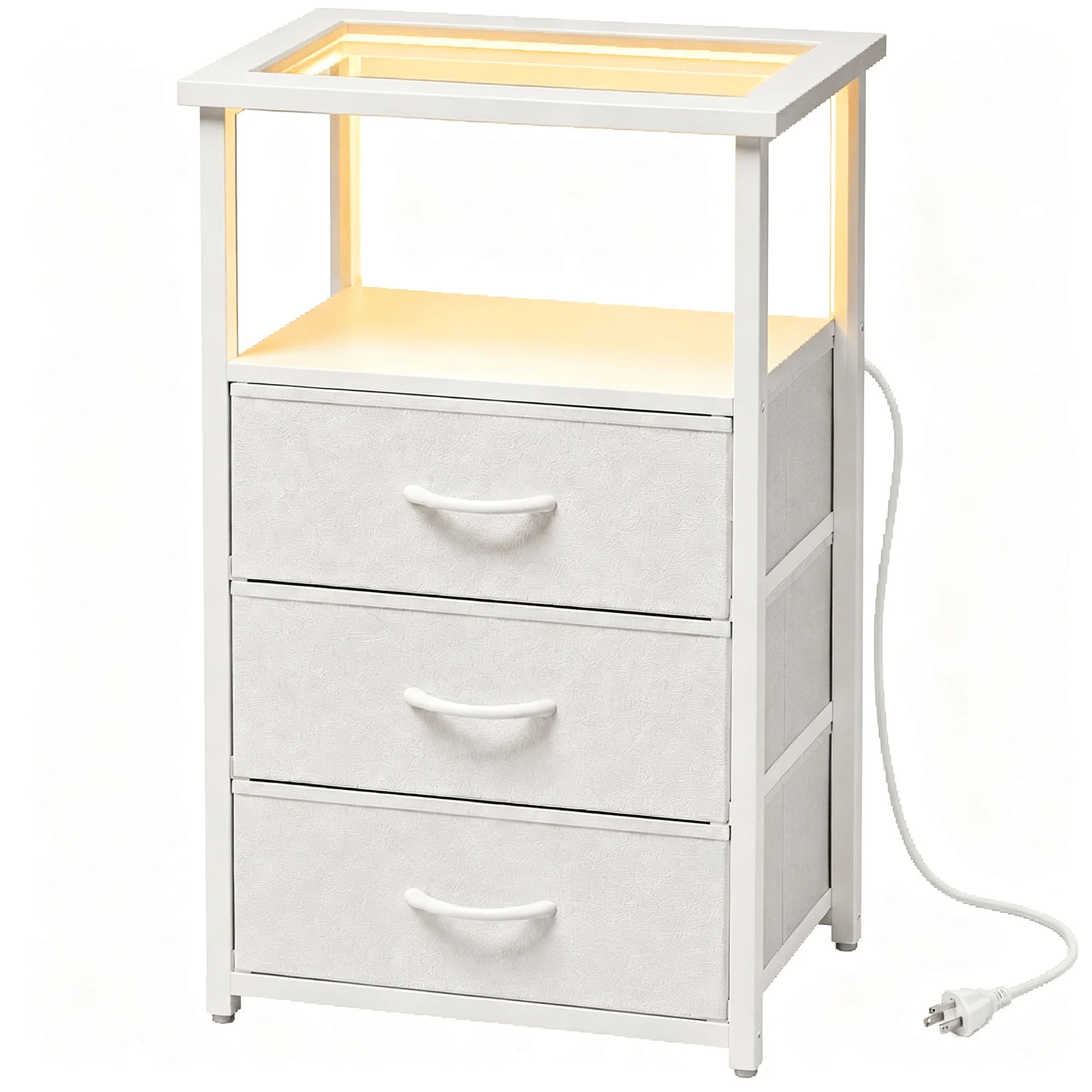 3 Drawer Nightstand with Charging Station, Glass Top End Table with Power Outlets and USB Ports, RGB LED Light Bedside Table wit