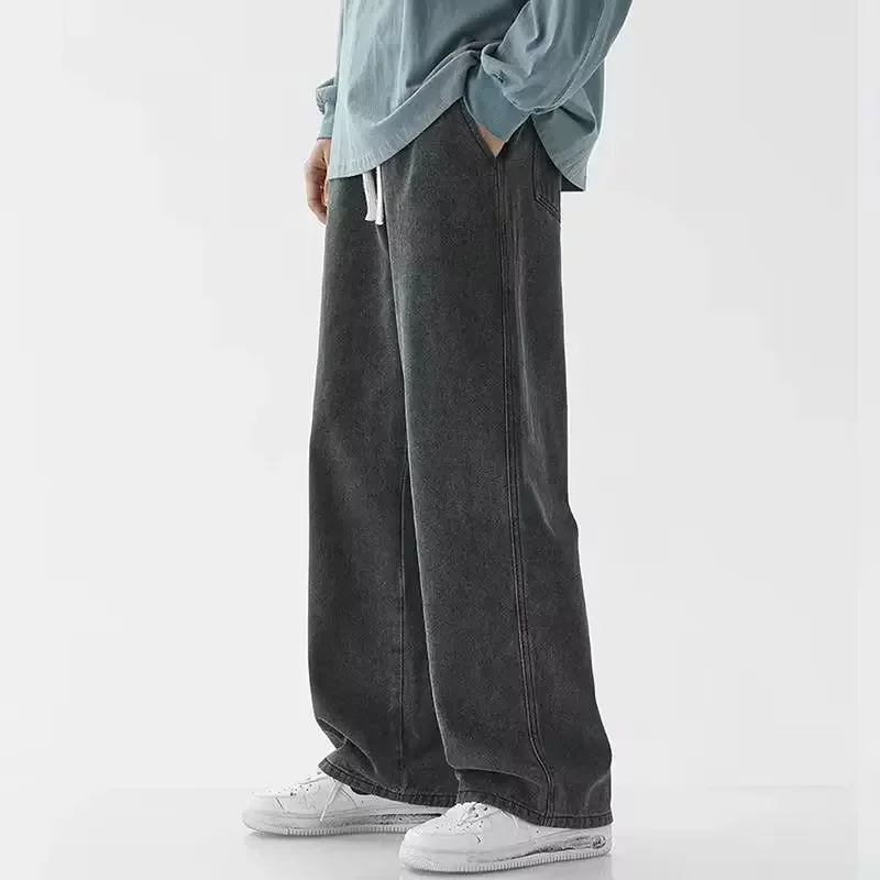 

2024Korean Solid Colors Men's Casual Long Jeans Classic Man Four Seasons Straight Denim Wide-leg Pants Light Blue Grey Black 3XL