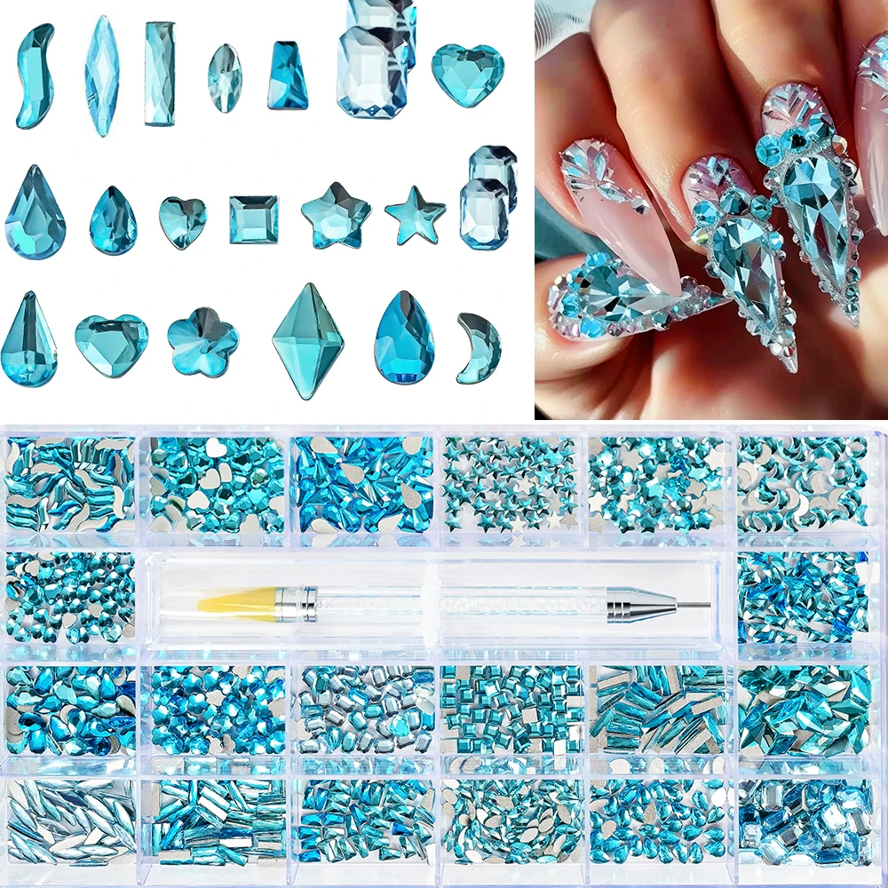 1000pcs/Set  Lake Blue Luxury Rhinestone Nail Charms Jewelry  Flat-back Mixed-Shape Dimond Glitter Gems Nail Decorat Accessories