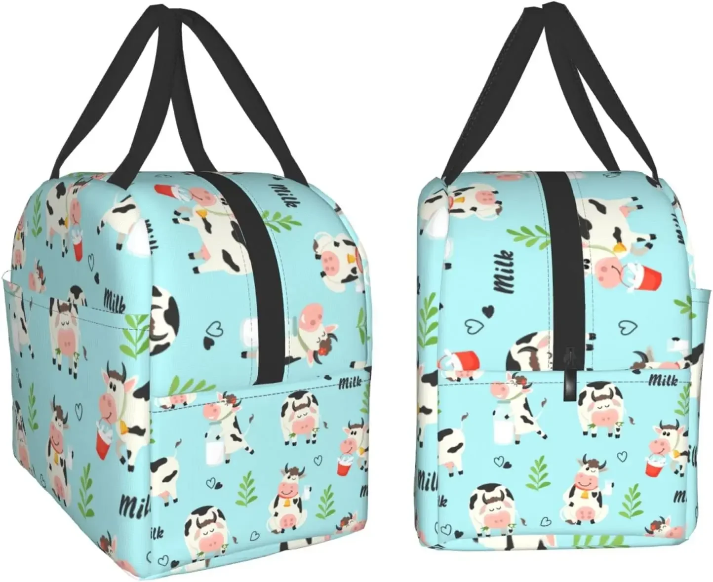 Fiambrera con estampado de vacas de granja y botellas de leche, bolsa de almuerzo de aislamiento pequeña Kawaii, bolsa de comida reutilizable,