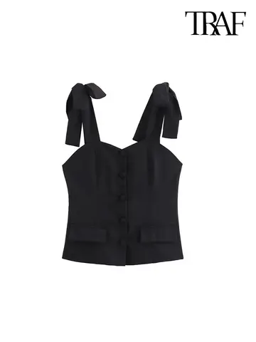 TRAF 여성 패션 2025 봄과 여름 유럽과 미국의 새로운 프랑스 우아한 심플한 단색 싱글 브레스트 타이 슈트 뷔스티에 탑 섹시 순수한 욕망 슬림 백리스 홀터 탑