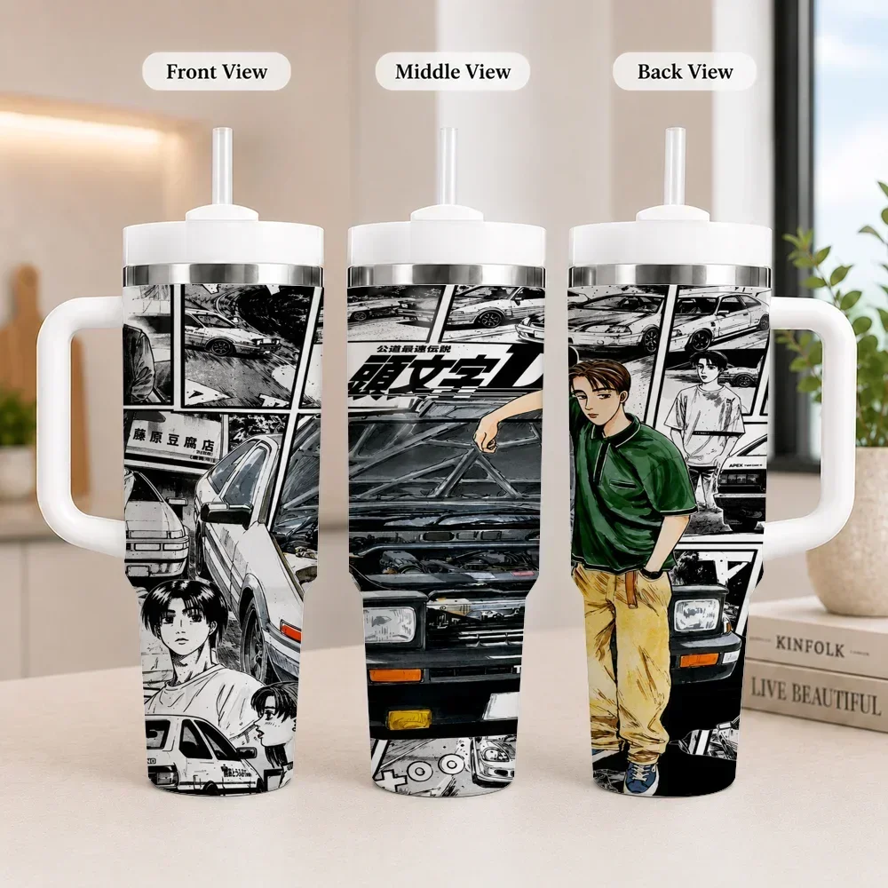 Classic Racing Anime Initial D Vacuum Flasks 40oz Leakproof Steel Tumbler w/ Lid Straw Handle Hot Cold Drinksorders for other colors will be shipped randomly in black or white