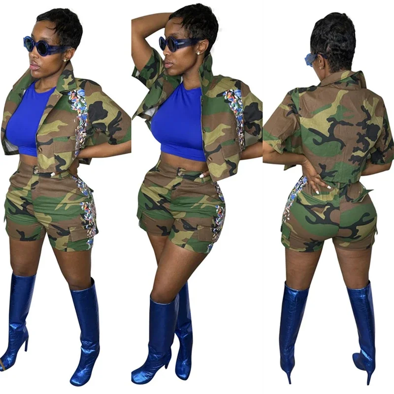 Cargo Style Women Painting Camouflage Two Piece Set Pockets Short Sleeve Single Breasted Shirts Crop Tops And Shorts Tracksuit