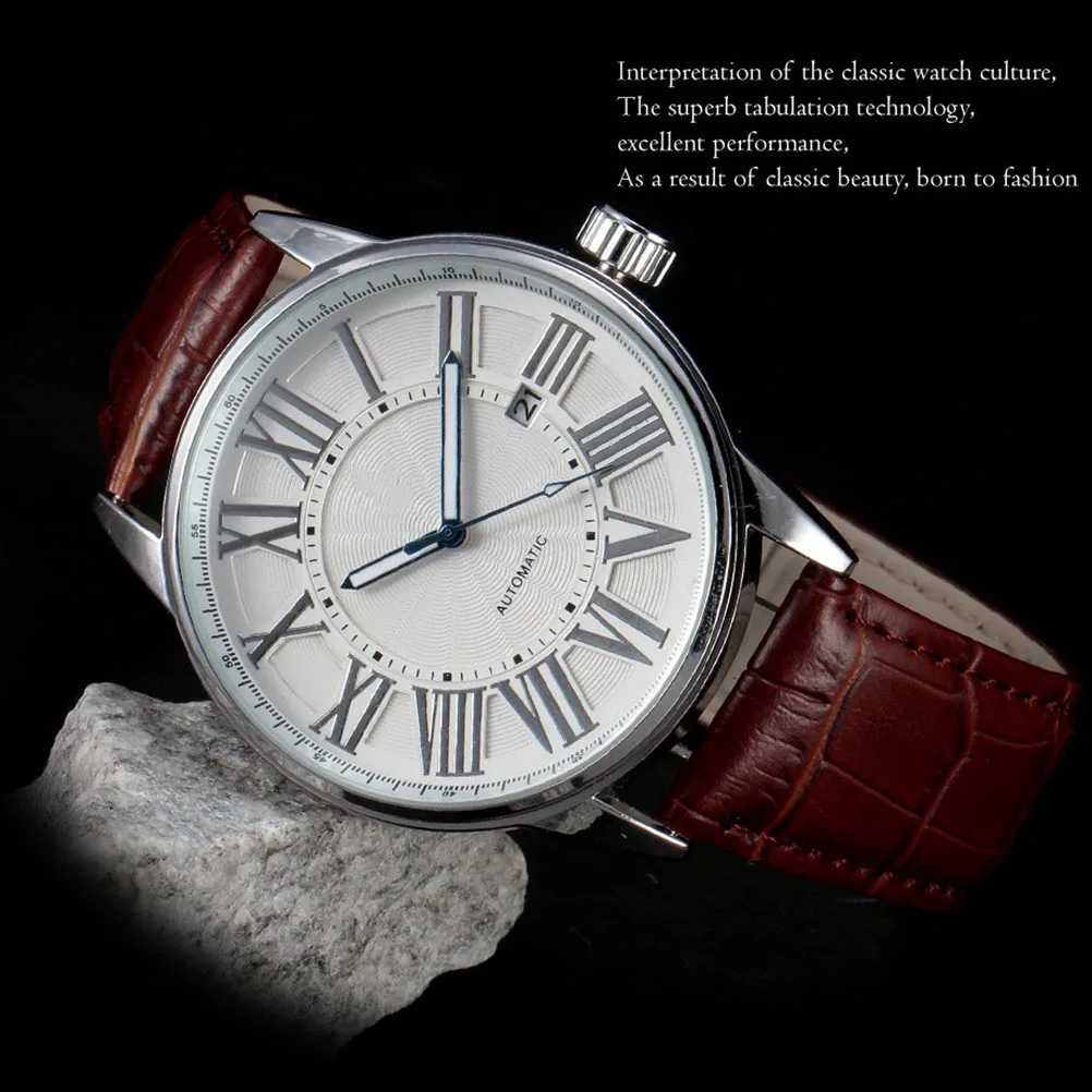

Automatic Mechanical Watch Men Golden Brown PU Band Stainless Steel Hour Minute Second Precise Movement Wristwatch Armbanduhren