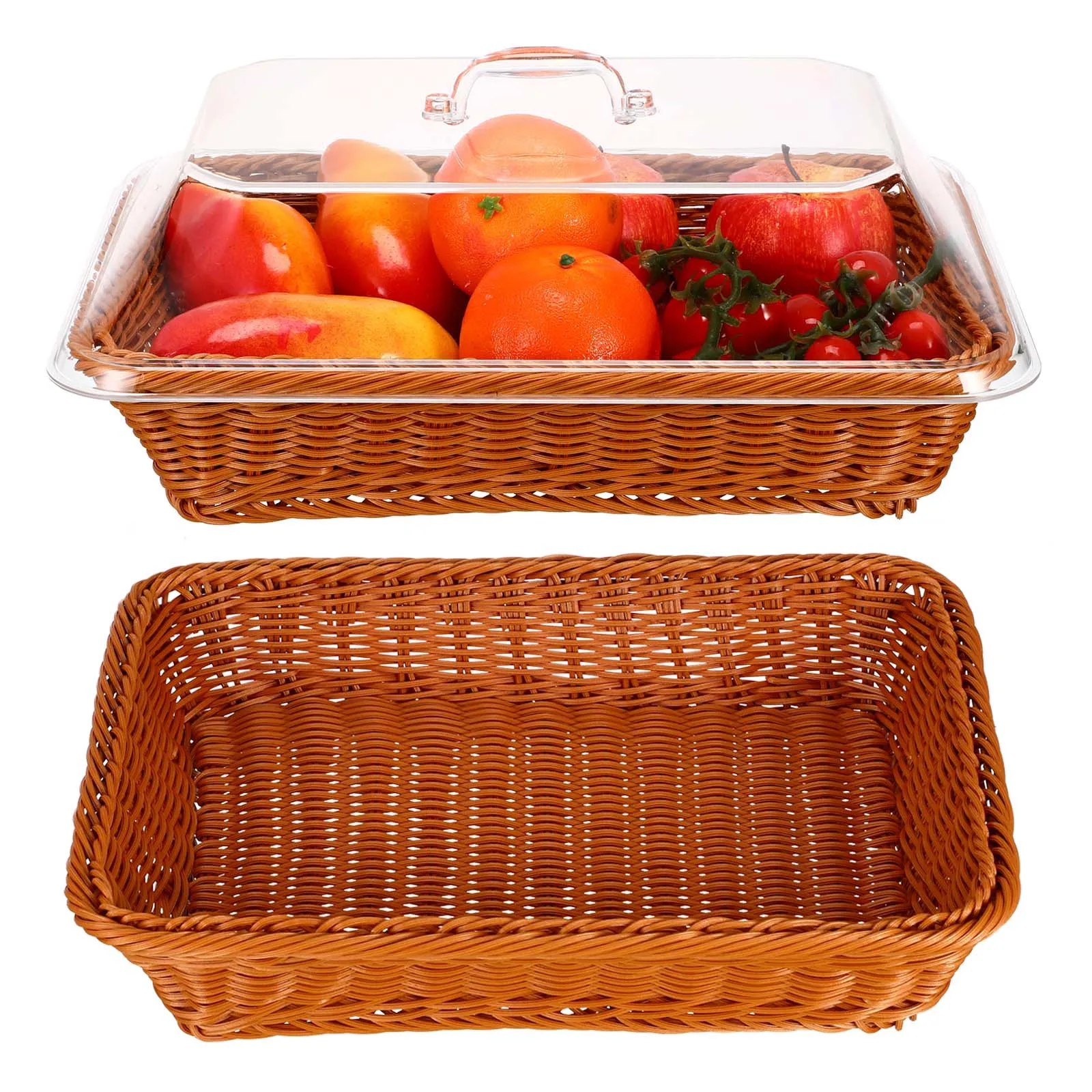 سلة الروطان مع غطاء سلة خبز منسوجة لتقديم تخزين الفاكهة المطبخ منضدية سلة الطعام سلة منزلية مزخرفة