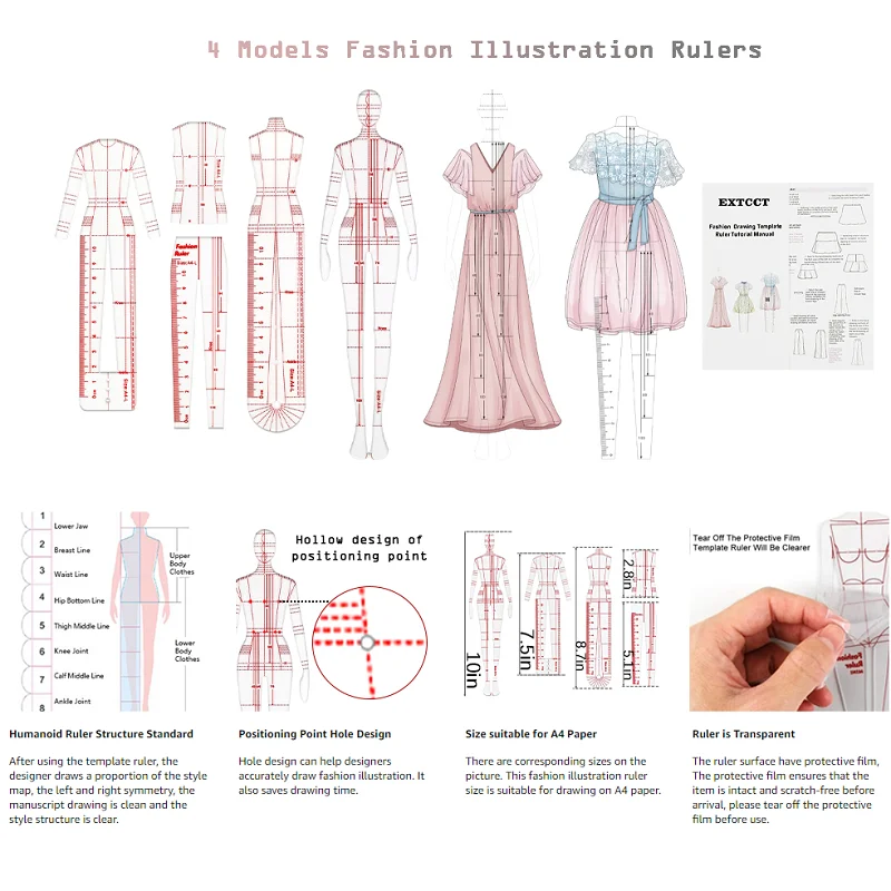 Reglas de ilustración de moda, modelo de moda, plantilla de boceto, regla de contorno de cuerpo para diseño de moda