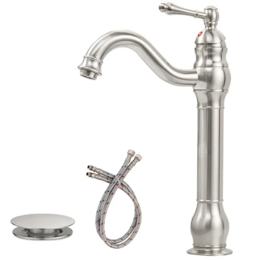 

Vessel Sink Faucet 360° Swivel for Bathroom Single Hole Farmhouse Tall Commercial Vanity Matching Pop Up Drain Without Overflow