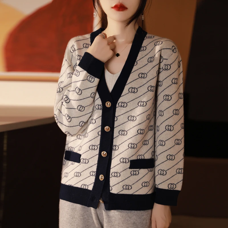 

100%Women's Cardigan, Pure Wool Knitted Sweater, Cashmere Sweater, High-end Wool Jacket, Fashionable letter Pattern Jacket