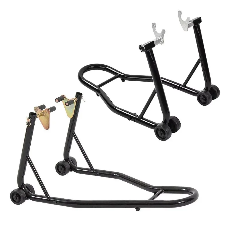 حامل إصلاح الدراجة النارية من الفولاذ قابل للتعديل مع حامل العجلات الأمامية والخلفية باللون الأسود بسعة 500 كجم وإعداد عالمي