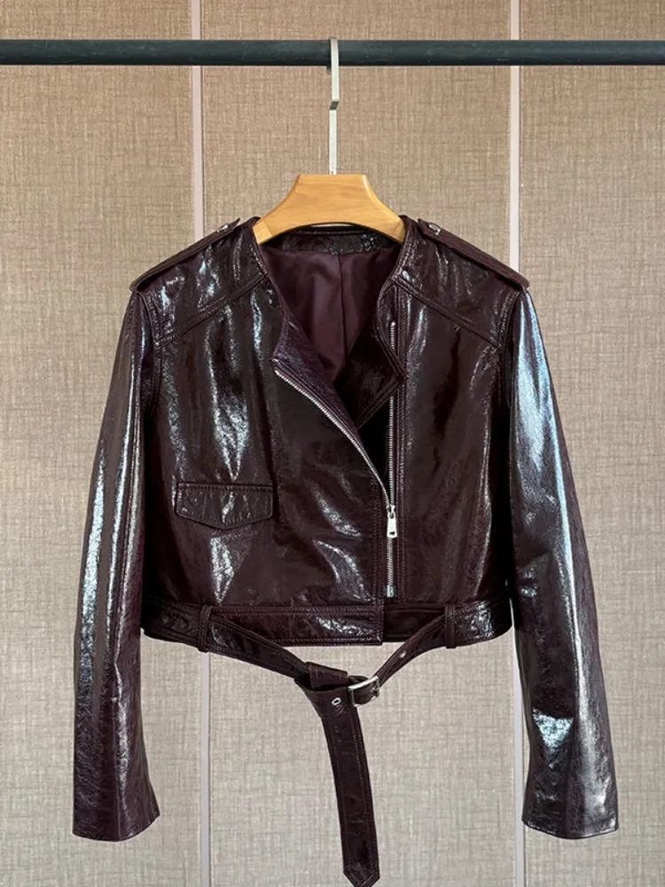 Mode femmes nouvelles vestes courtes en cuir véritable col rond fermeture éclair peau de mouton naturelle vêtements d'extérieur ceinture huile cire moto veste manteau