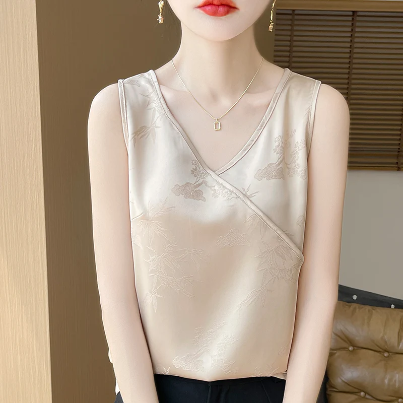 T-shirt da donna estate nuova canotta di seta gilet casual tinta unita scollo a V in raso T-shirt da donna vestiti allentati moda top gilet
