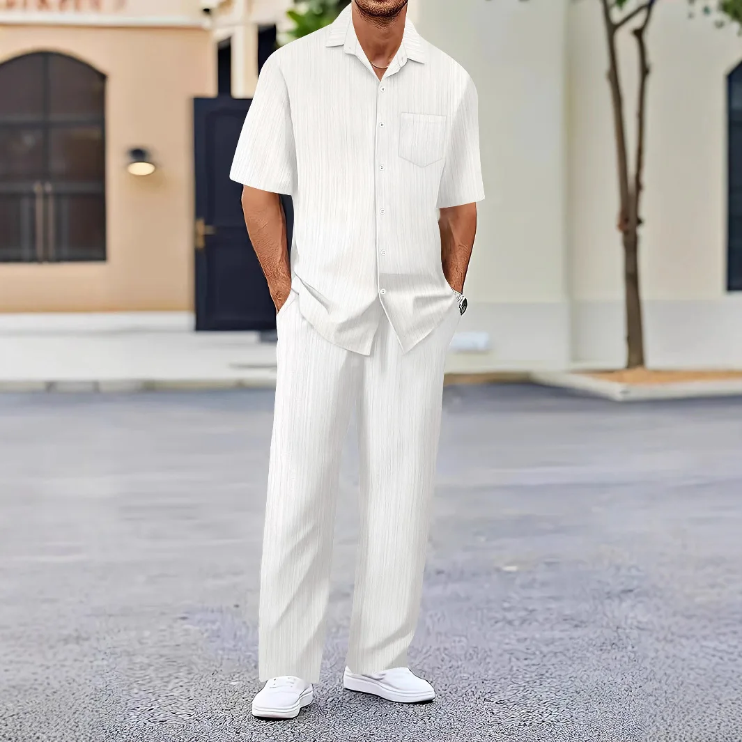 Spring Commuter Men's Casual Shirt Waves Short Sleeve Pants Two-piece Set