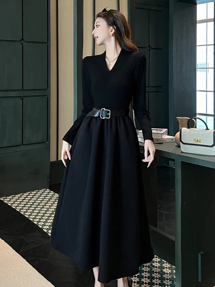 Ropa de calle para mujer, suéter informal de punto negro, Simple, con cuello en V, cinturón ajustado, vestido largo acampanado, Vestidos elegantes para mujer, bata elástica