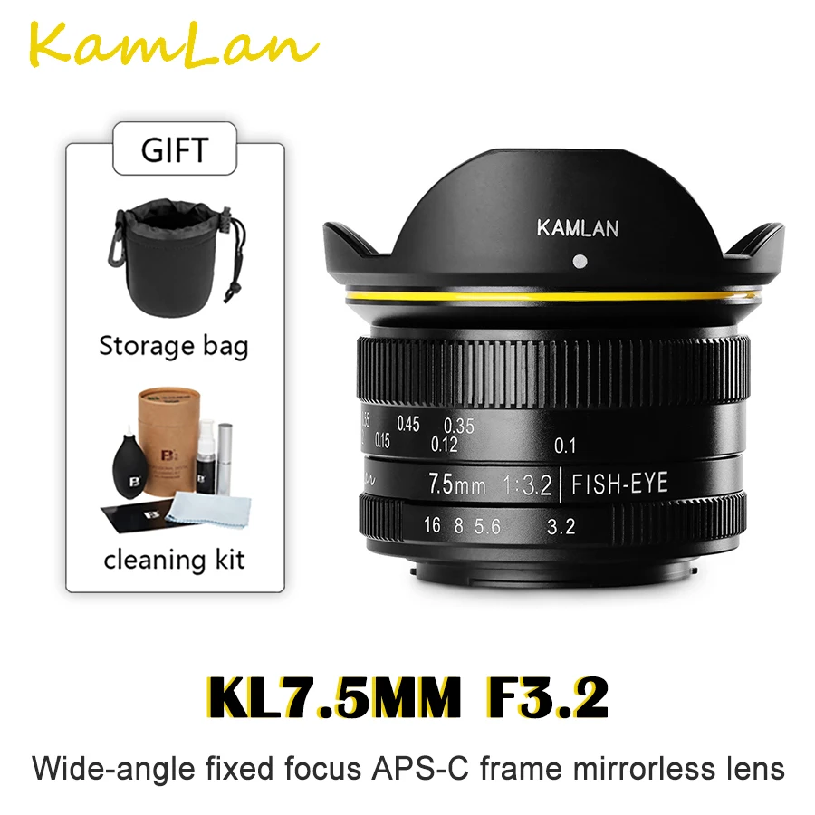 

Kamlan 7.5mm F3.2 Large Aperture Wide Angle Fisheye Fixed Focus Mirrorless Camera Lens M43-mount For Olympus APS-C Camera