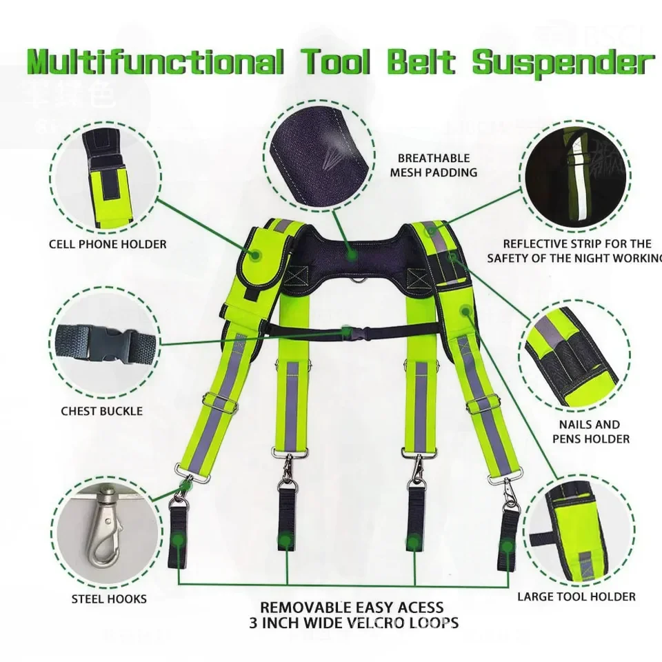 

uspenders Tool Belt Work Tool Set Adjustable Reflective Safety Suspenders with Swivel Hooks & Tool Belt Loop